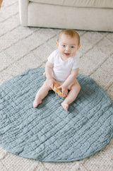 Quilted Round Padded Linen Play Mat 35" D - Denim