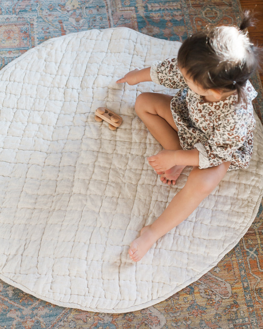 Quilted Round Padded Linen Play Mat 35" D - Denim