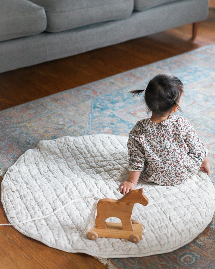 Quilted Round Padded Linen Play Mat 35" D - Denim