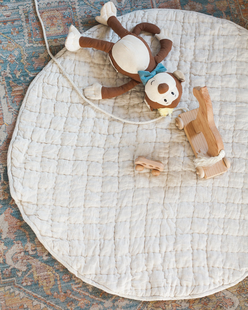 Quilted Round Padded Linen Play Mat 35" D  - Natural Chambray