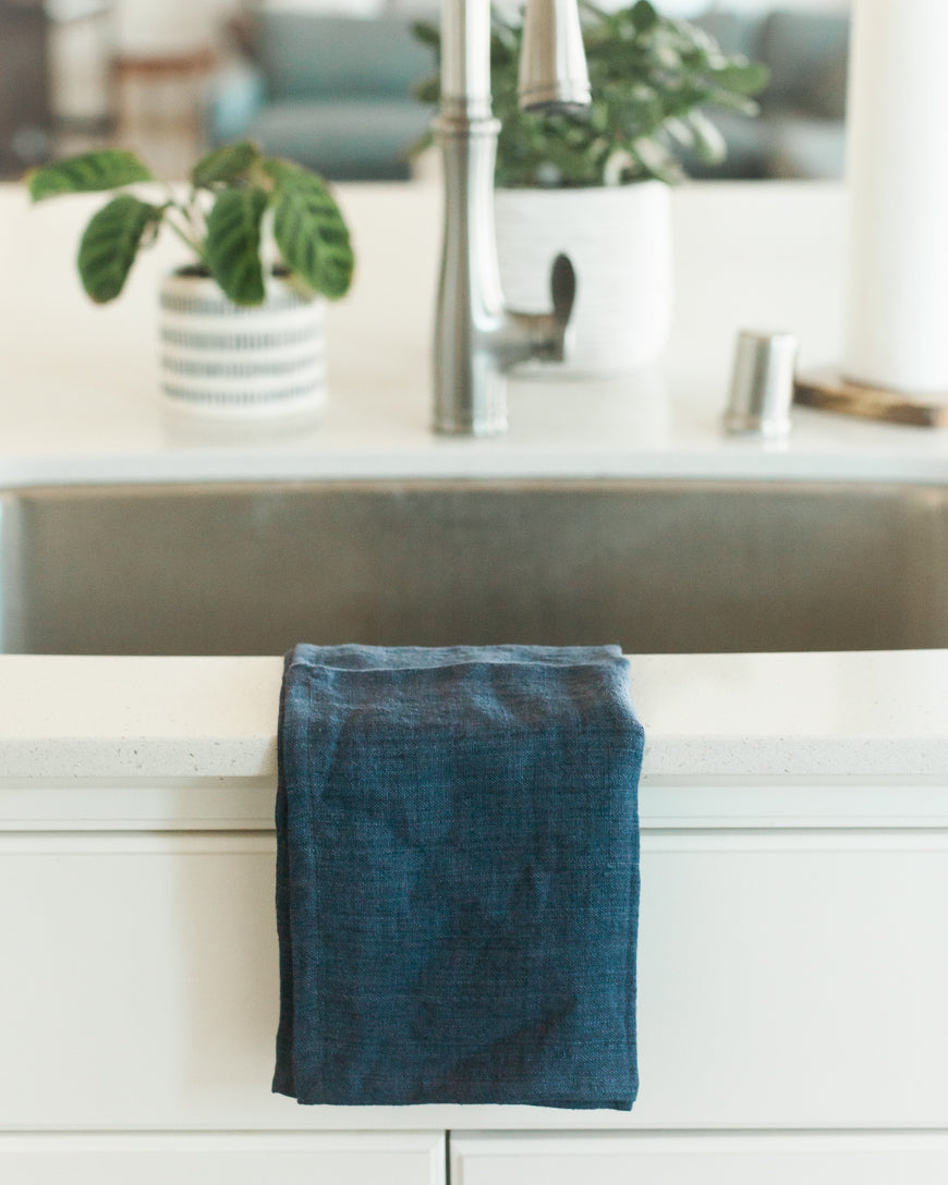 Stone Washed Linen Tea Towel - Navy