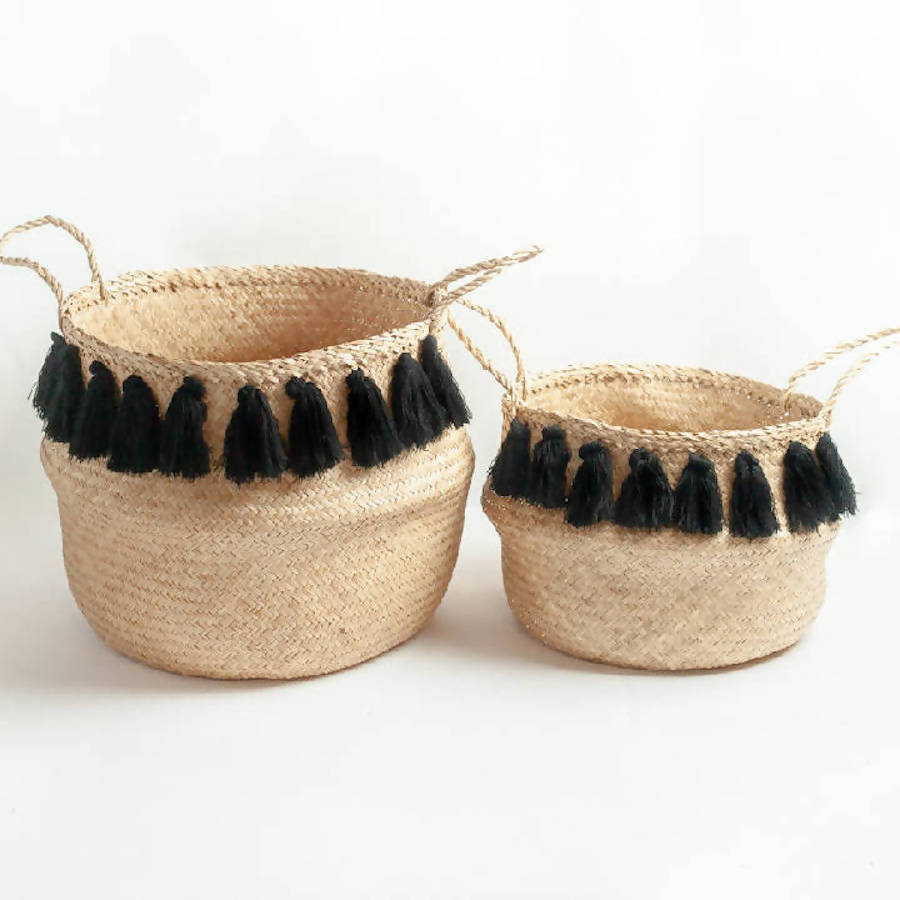 Black Tasseled Belly Baskets - Sumiye Co