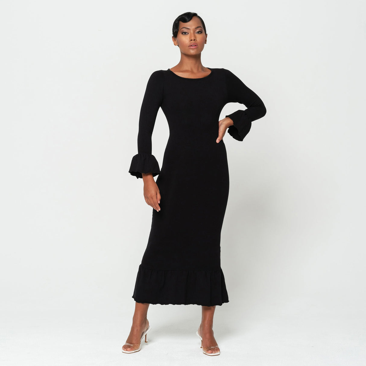 MARJORIE Bamboo Ruffle Dress, Black - Sumiye Co