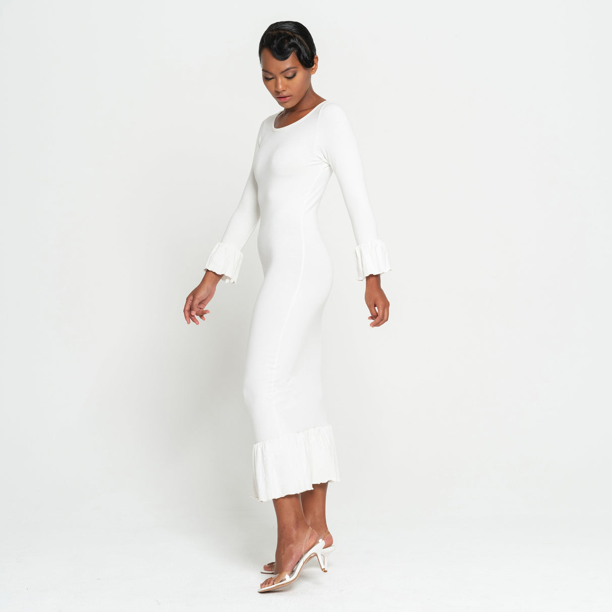 MARJORIE Bamboo Ruffle Dress, Off-White - Sumiye Co