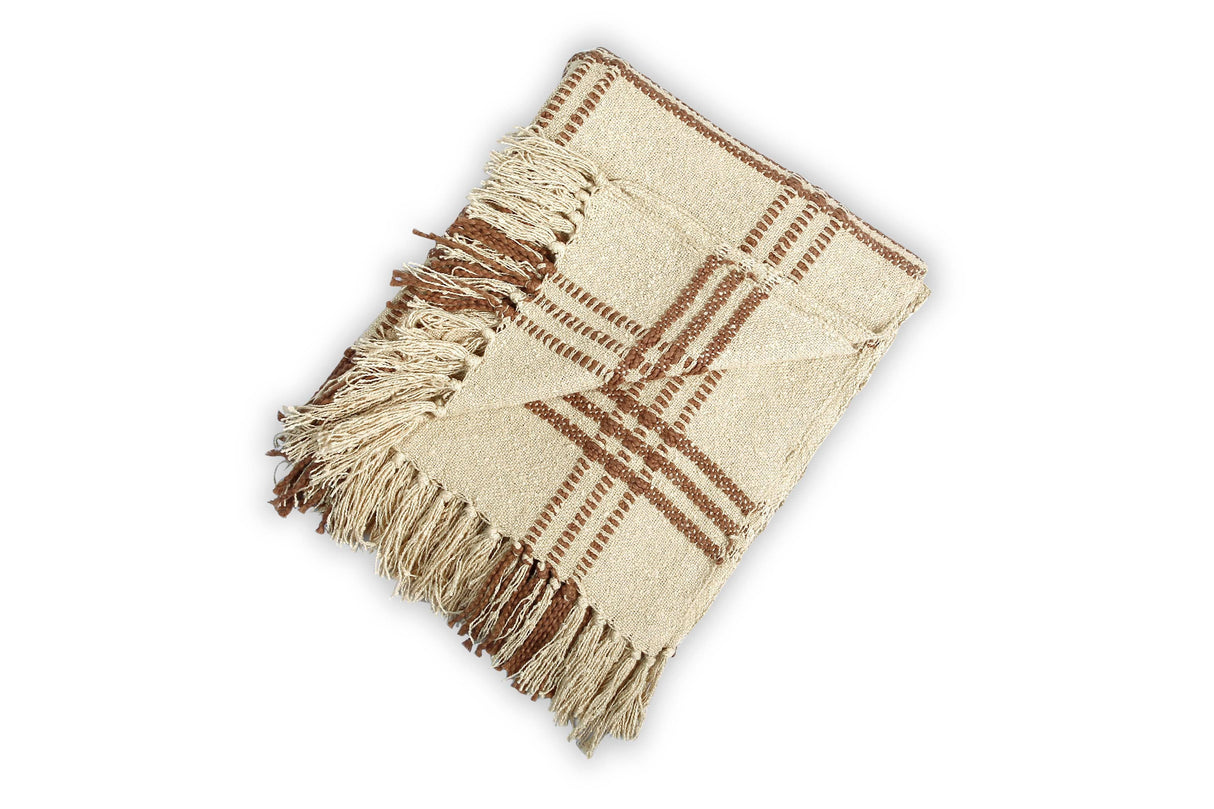 Throw Blanket - Cotton Boucle Large Checkered Pattern | Brown 52in x 68in - Sumiye Co