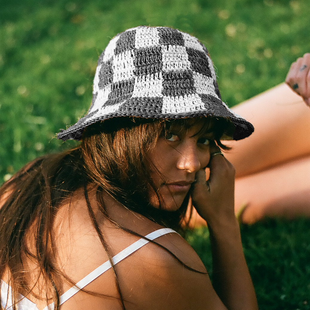 Black + White Bucket Hat - Crocheted Checkered