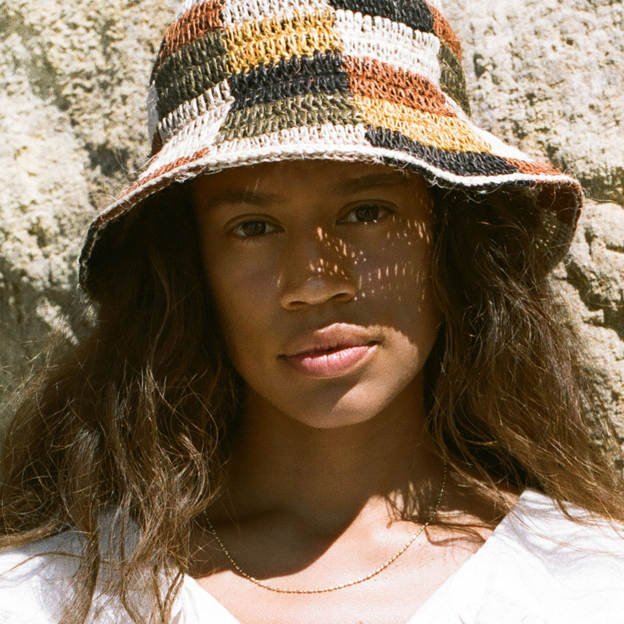 Fall Bucket Hat - Crocheted Multicolor Checkered - Sumiye Co