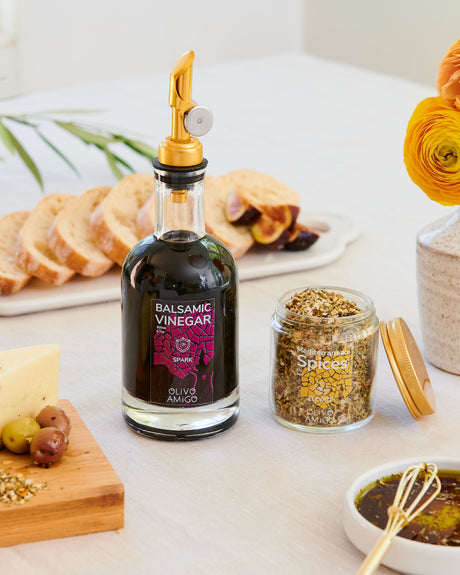 Balsamic Vinegar, Mediterranean Spice, Mini Whisk, Bottle Spout | Combo Gift Set by OLIVO AMIGO