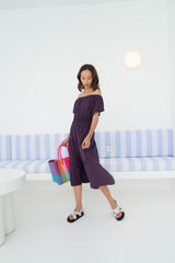 Regina Off-the-shoulder Midi Dress in Eggplant - Sumiye Co