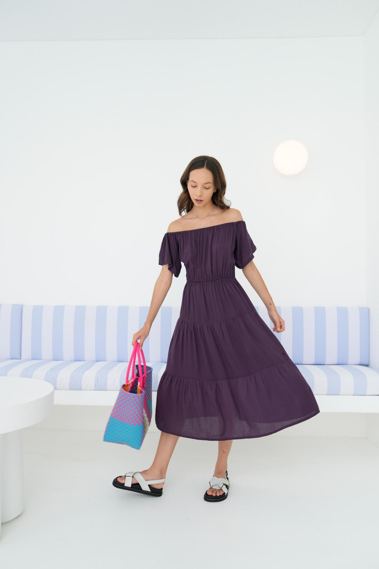 Regina Off-the-shoulder Midi Dress in Eggplant - Sumiye Co