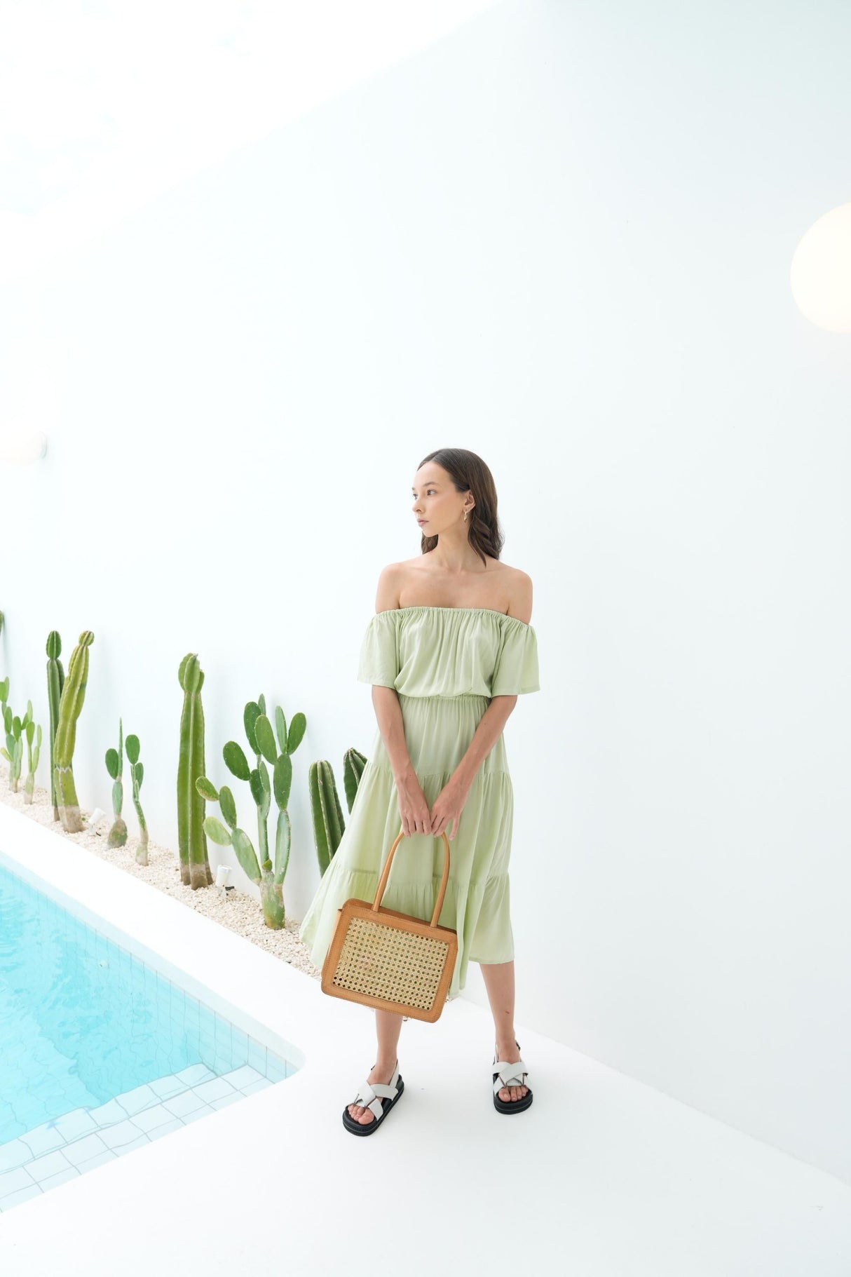 Regina Off-the-shoulder Midi Dress in Pistachio - Sumiye Co