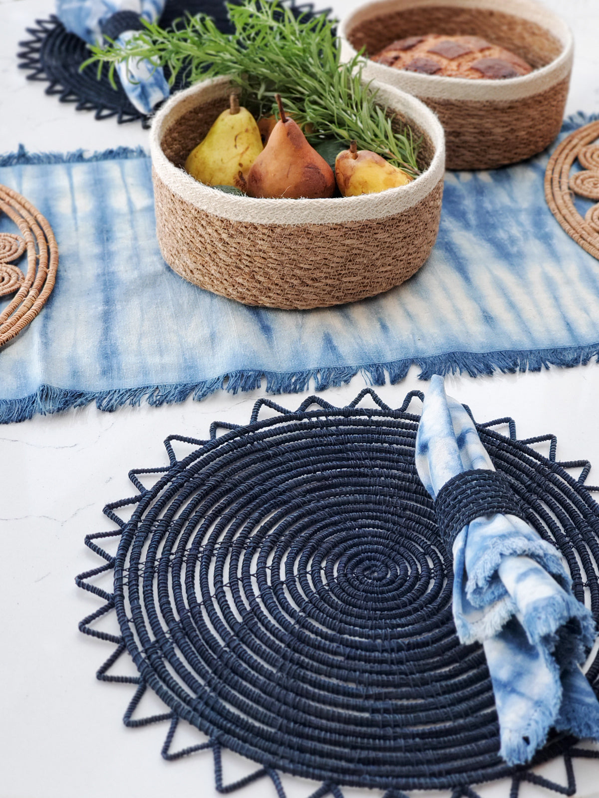 Woven Palm Fiber Napkin Ring - Indigo Blue (Set of 4)-2