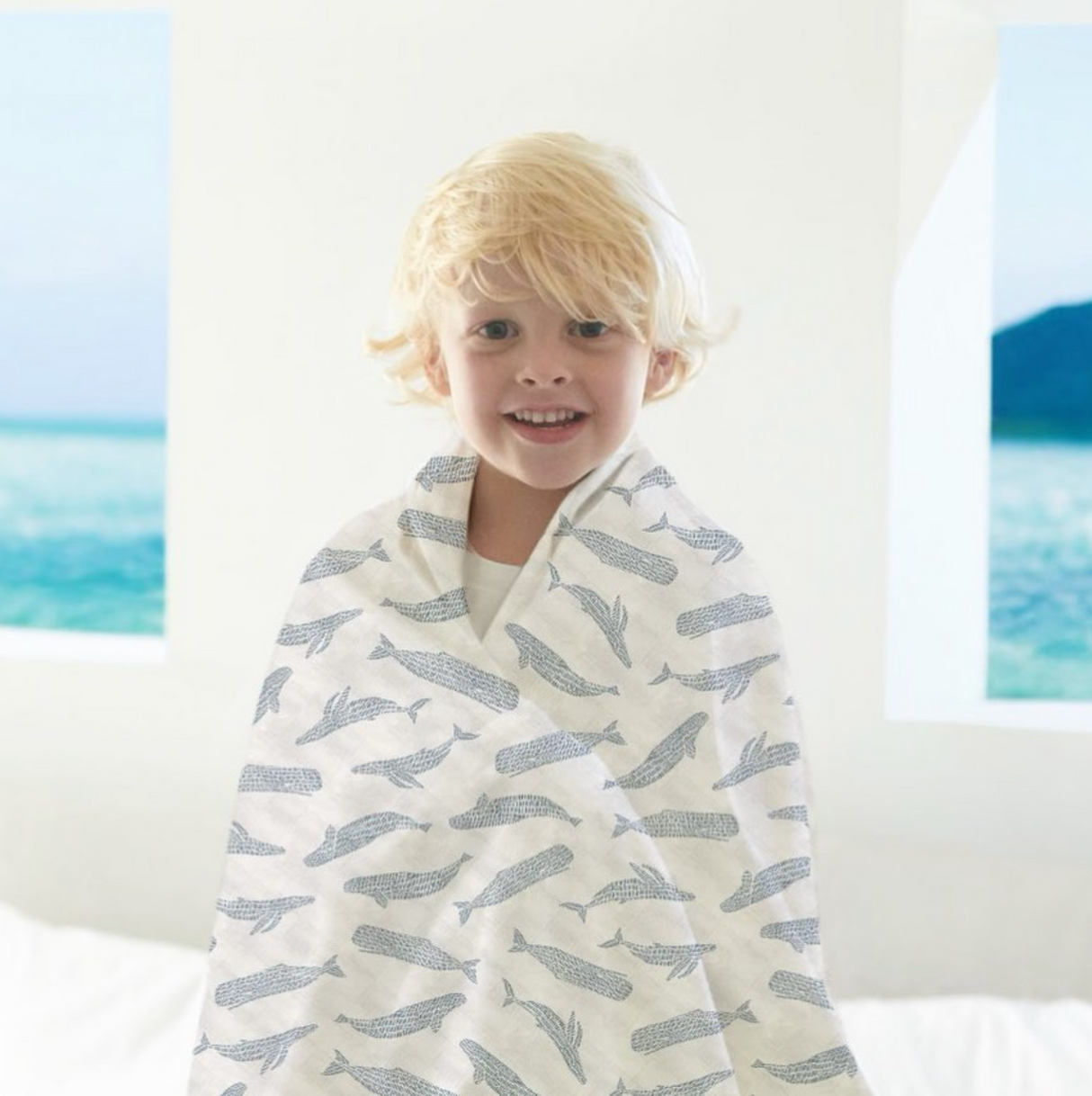 Blanket | Bamboo Muslin - Blue Whales & Sailboats - Sumiye Co