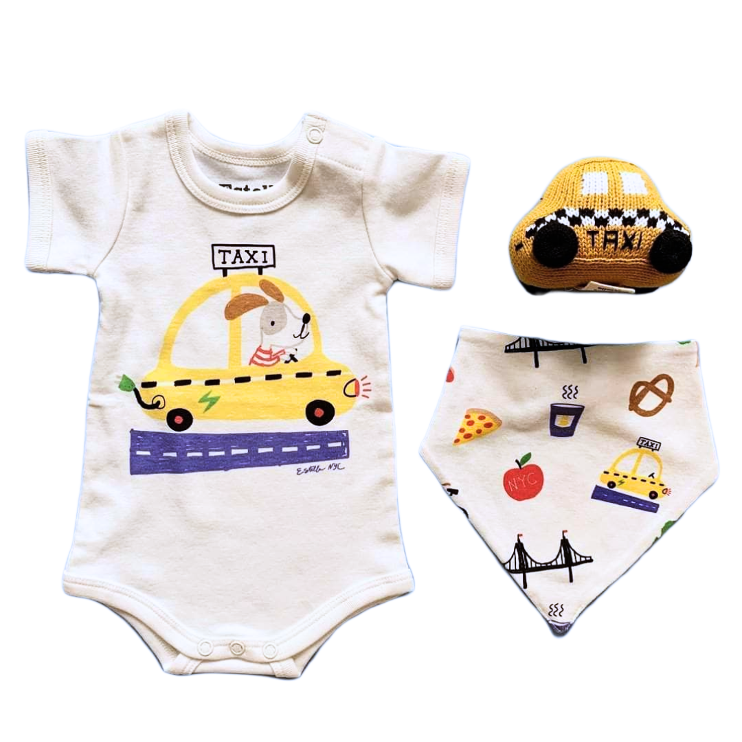 Organic Baby Gift Set - NYC Taxi Infant Onesie, Newborn Rattle Toy & Bib by Estella - Sumiye Co