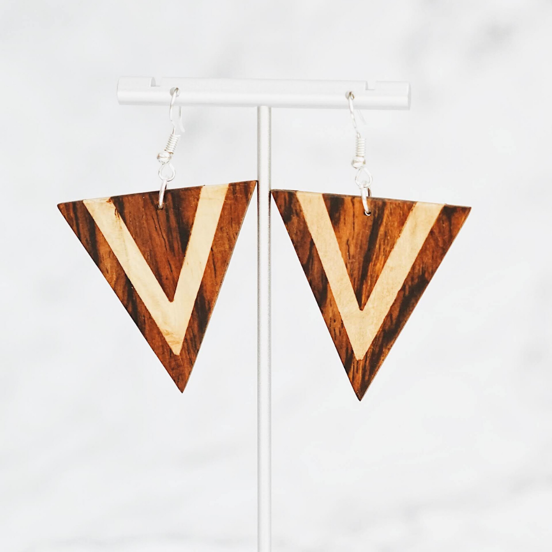 Large Dual-Tone Wood Triangle Earrings - Sumiye Co