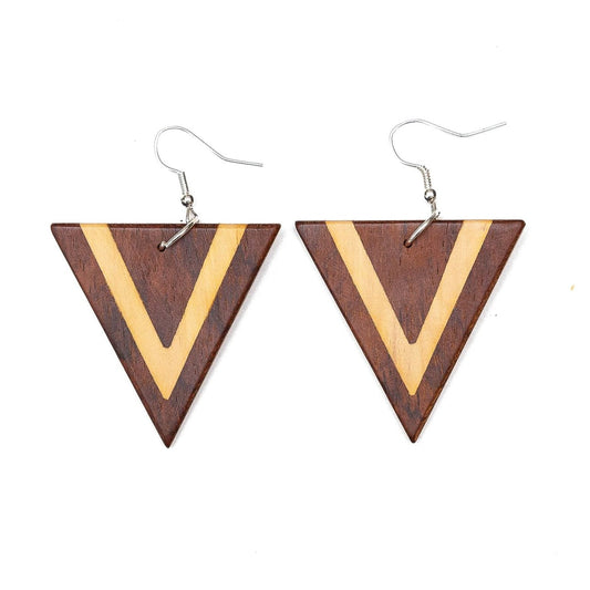 Large Dual-Tone Wood Triangle Earrings - Sumiye Co