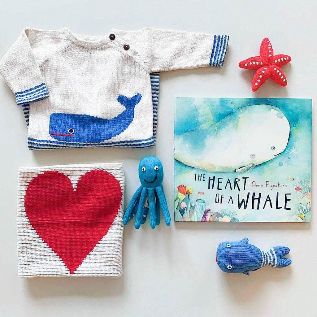 Baby Gift Set - Handmade Whale Long Romper, Heart Lovey, Sea Rattles & Whale Book - Sumiye Co