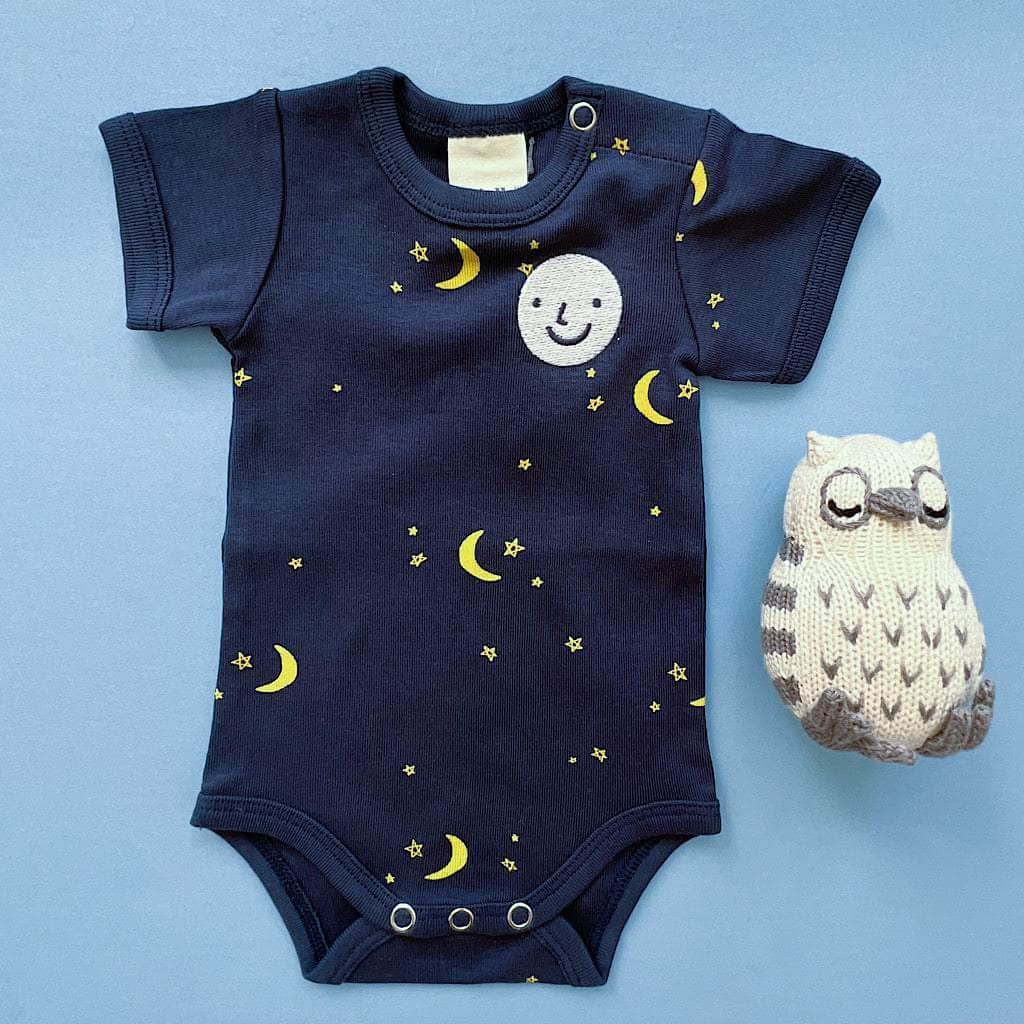 Embroidered Moon & Stars Baby Onesie + Owl Rattle Set by Estella - Sumiye Co