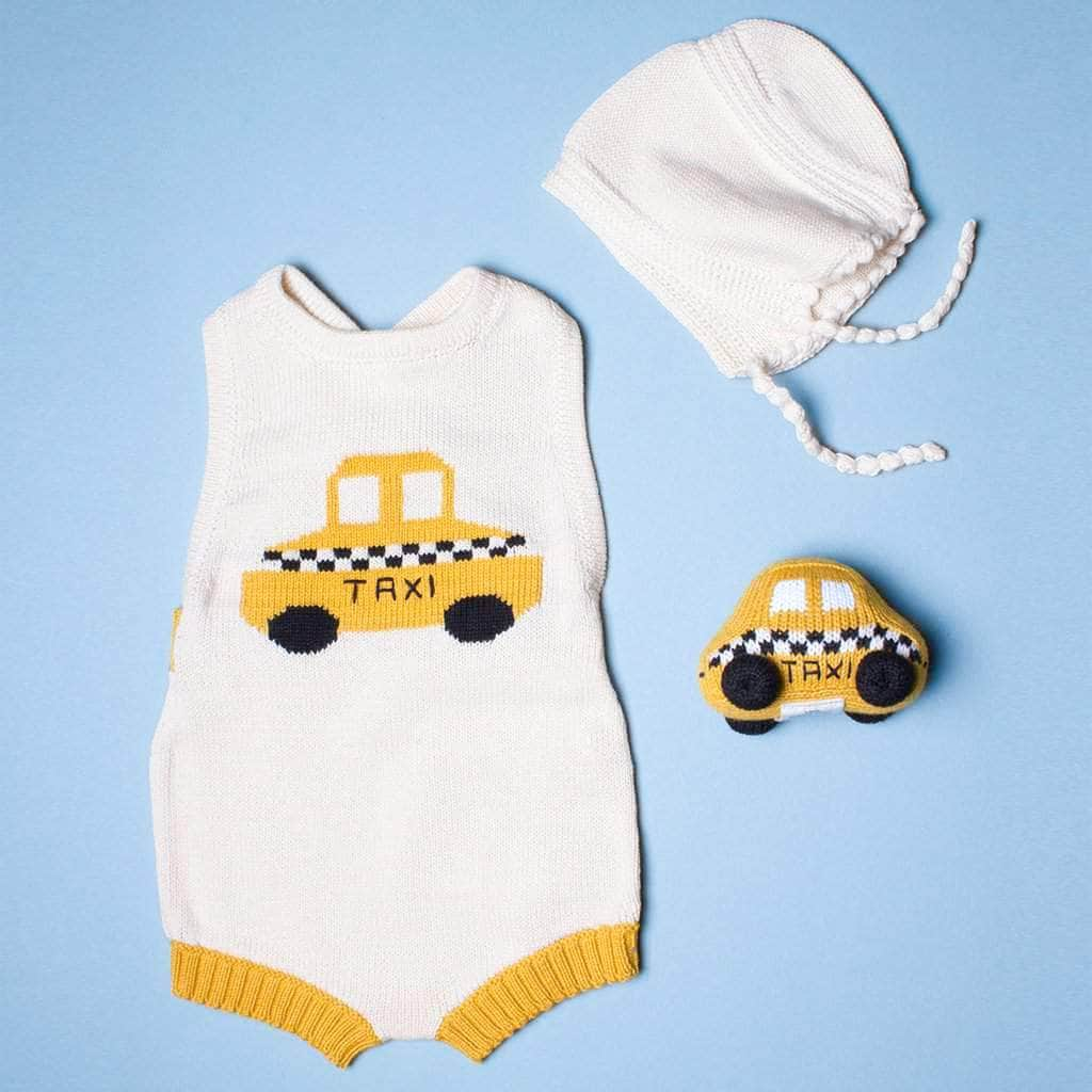 Organic Baby Gift Set | Hand Knit Newborn Romper, Bonnet Hat & Taxi Rattle Toy - Sumiye Co