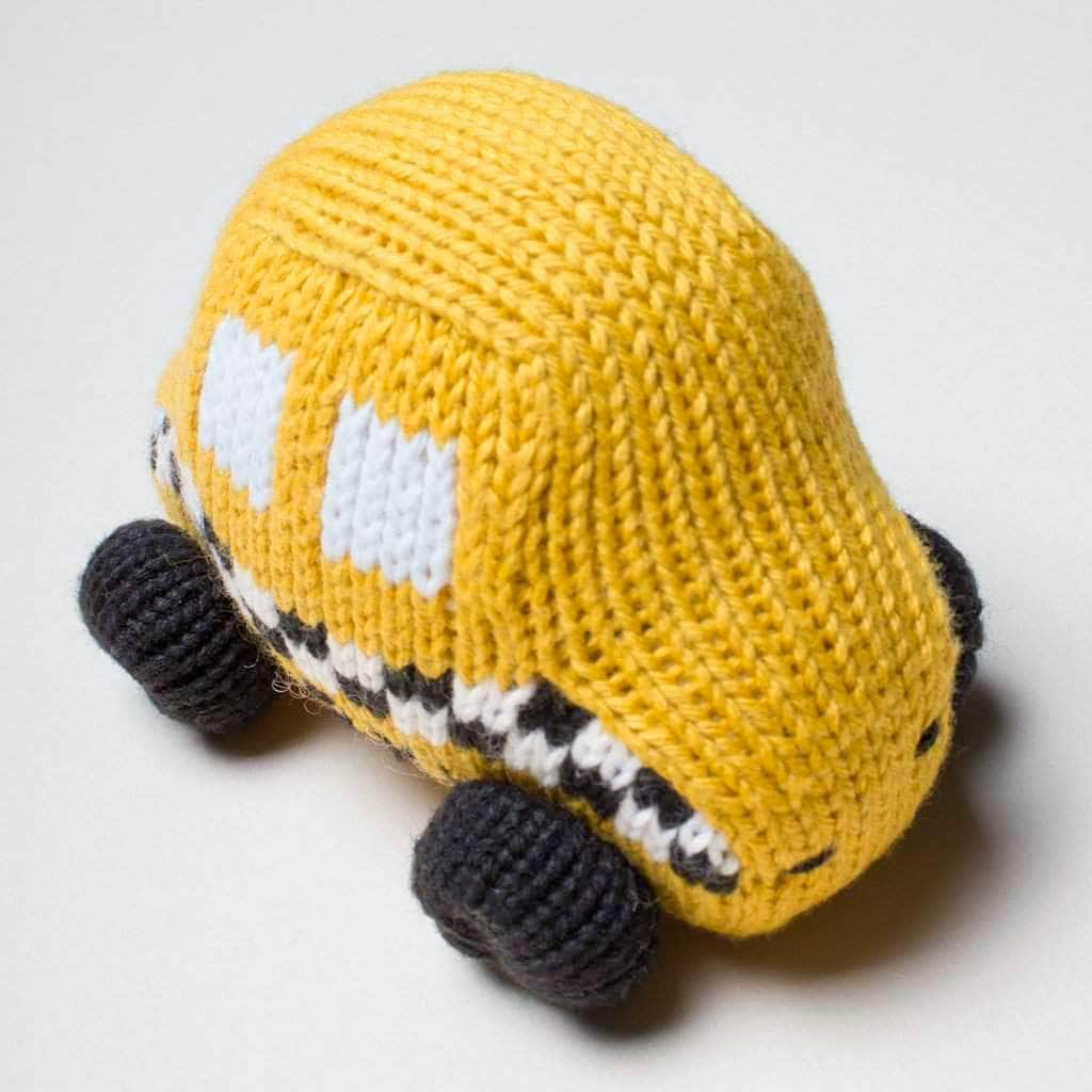 Organic Baby Gift Set | Hand Knit Newborn Romper, Bonnet Hat & Taxi Rattle Toy - Sumiye Co