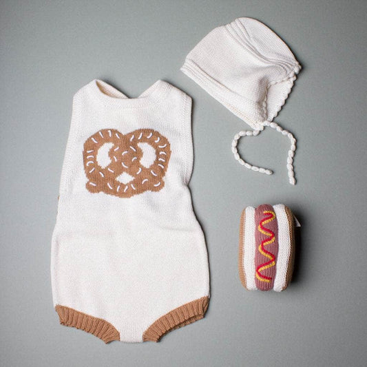 Organic Baby Gift Set - Hand Knit Pretzel Romper, Bonnet Rattle Toy by Estella