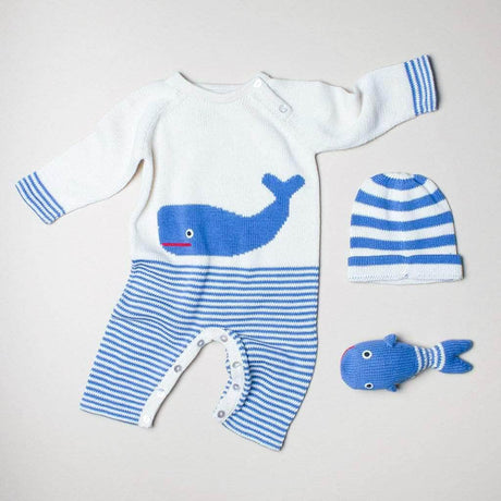 Organic Baby Gift Set - Handmade Newborn Long Romper, Hat & Rattle Toy | Whale - Sumiye Co