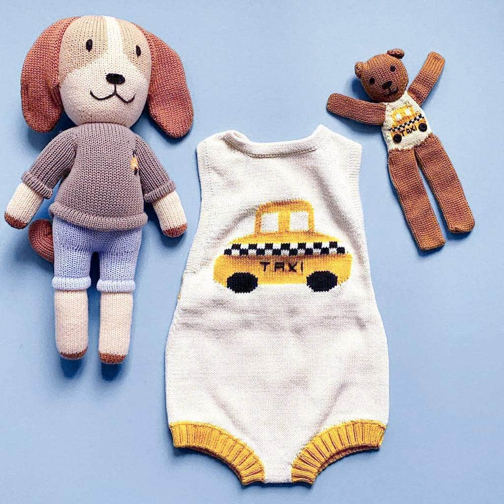 Organic Baby Gift Set-Knitted Taxi Newborn Romper, Taxi Dog, Taxi Bear - Sumiye Co