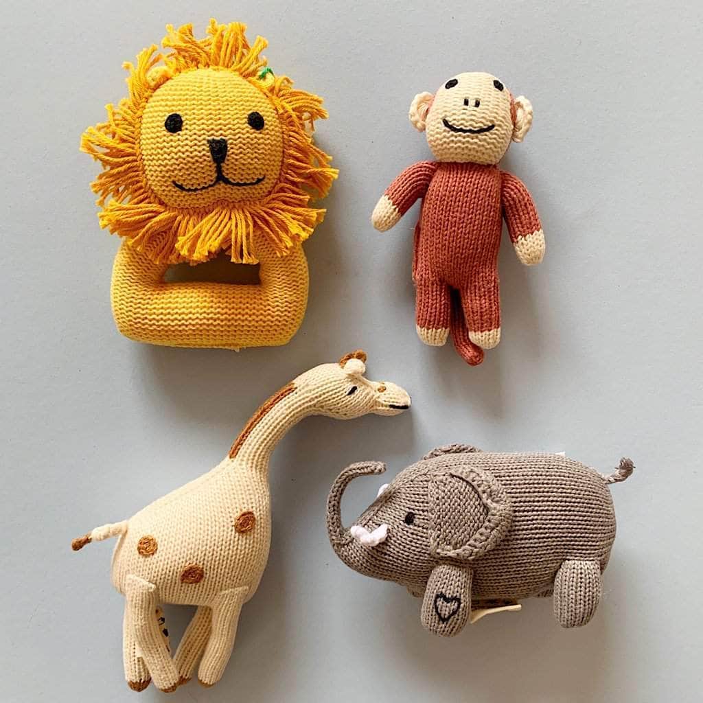 Organic Baby Gift Set | Lion, Elephant, Giraffe & Monkey Rattles by Estella - Sumiye Co