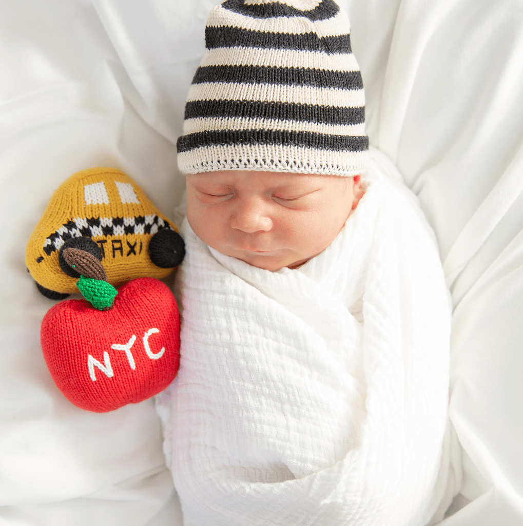 Organic Baby Gift Set - New York Metro-card Blanket, Hat & Apple Rattle by Estella - Sumiye Co