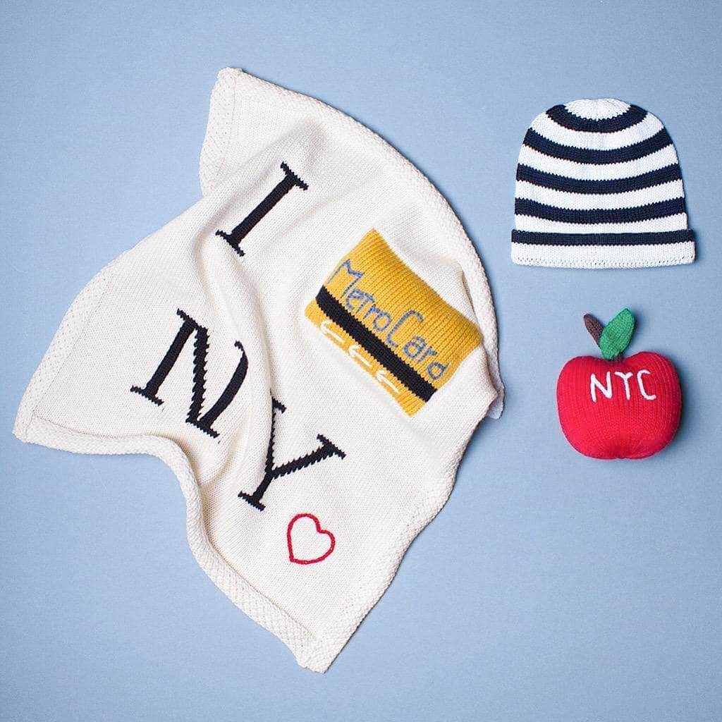 Organic Baby Gift Set - New York Metro-card Blanket, Hat & Apple Rattle by Estella - Sumiye Co