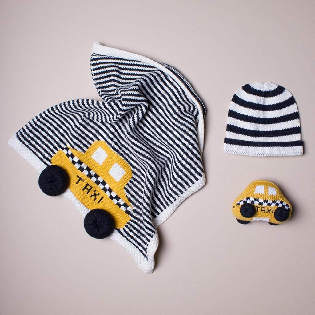 Organic Baby Gift Set - Newborn Lovey Blanket, Rattle Toy & Hat | Taxi by Estella - Sumiye Co