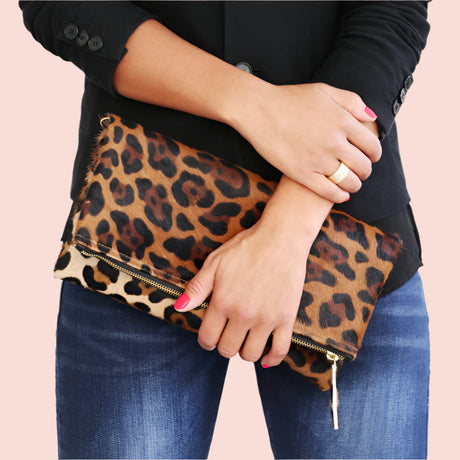 Leopard Print Leather Fold over Clutch  | Ethically Sourced Hides - Sumiye Co