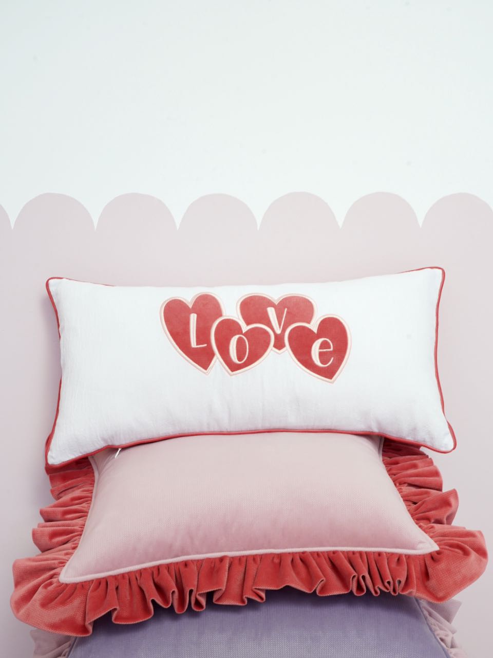 Pillow with Frill "Raspberry Smoothie" Soft Velvet | Kids Room & Nursery Decor