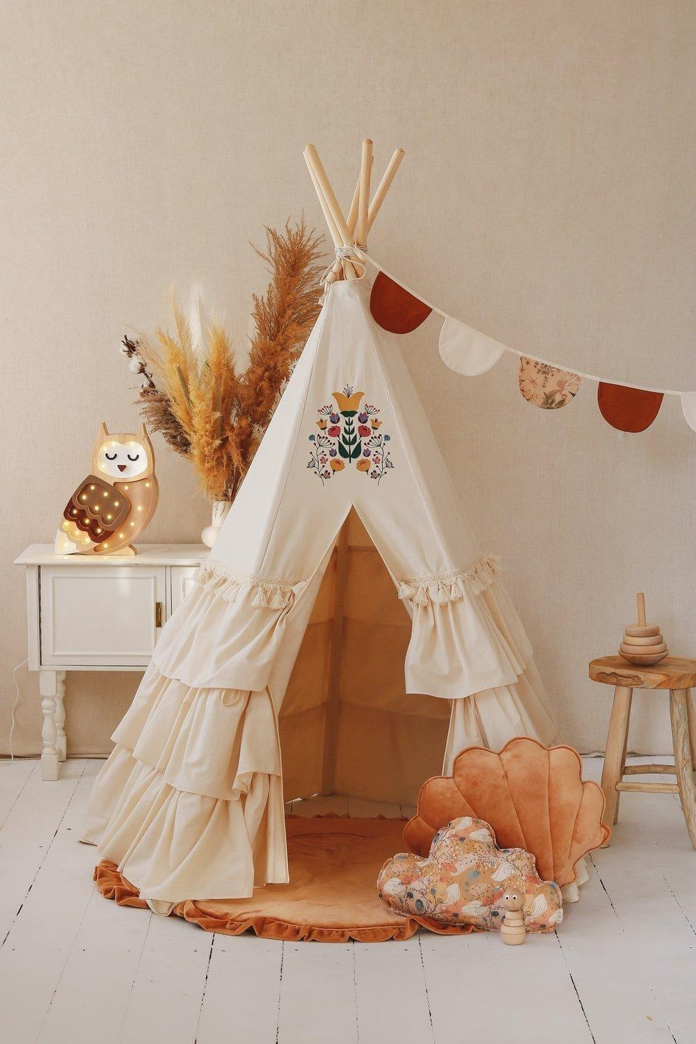 Teepee Tent "Folk" with Frills and "Marsala" Shell Mat Set - Sumiye Co