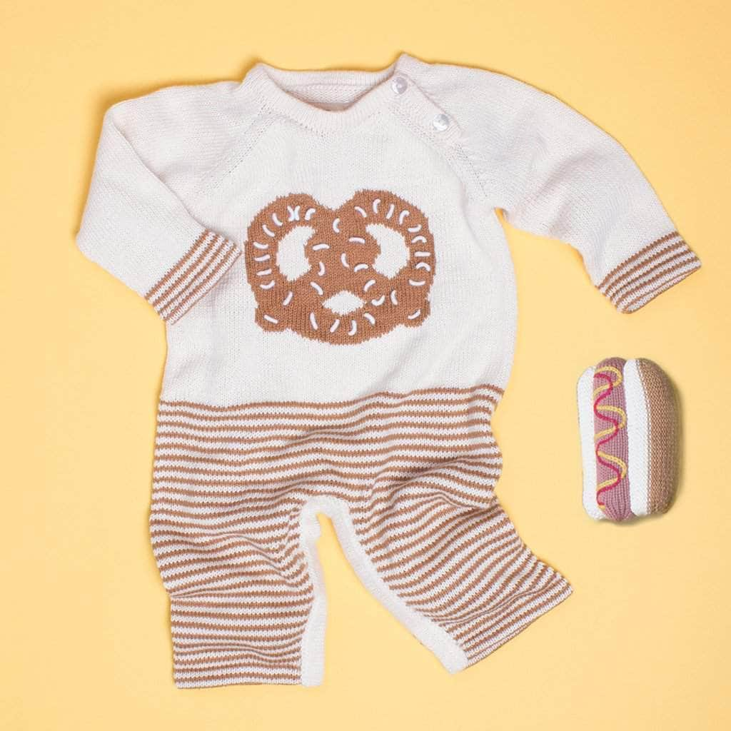 Organic Baby Gift Sets, Handmade Romper with Pretzel Graphic & Hot Dog Rattle Toy - Sumiye Co