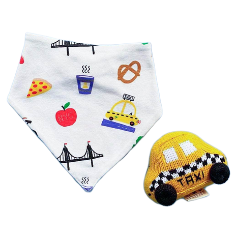 Organic Baby Gift Set - New York Bib & Taxi Rattle toy by Estella - Sumiye Co