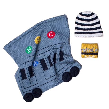 Organic Baby Gift Set - Newborn Security Blanket, Rattle Toy & Hat | New York MTA Train & Metro Card - Sumiye Co