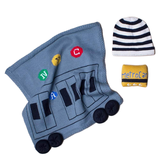 Organic Baby Gift Set - Newborn Security Blanket, Rattle Toy & Hat | New York MTA Train & Metro Card - Sumiye Co