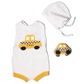 Organic Baby Gift Set | Hand Knit Newborn Romper, Bonnet Hat & Taxi Rattle Toy - Sumiye Co