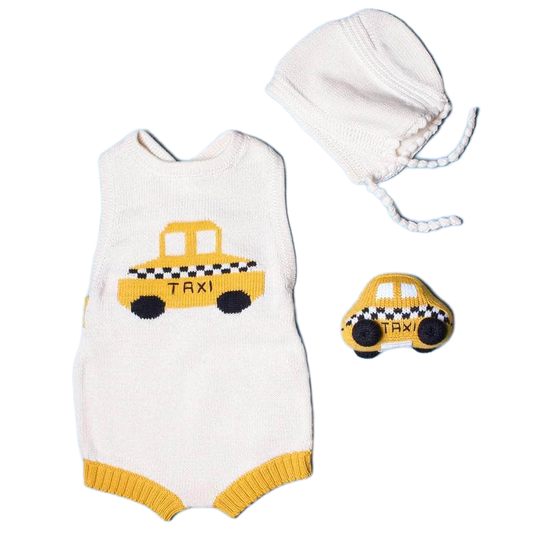 Organic Baby Gift Set | Hand Knit Newborn Romper, Bonnet Hat & Taxi Rattle Toy