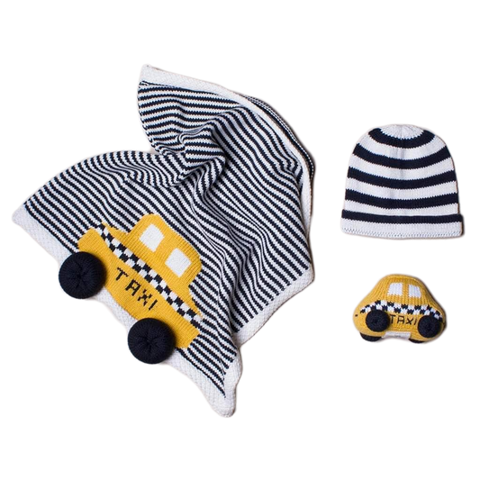 Organic Baby Gift Set - Newborn Lovey Blanket, Rattle Toy & Hat | Taxi by Estella