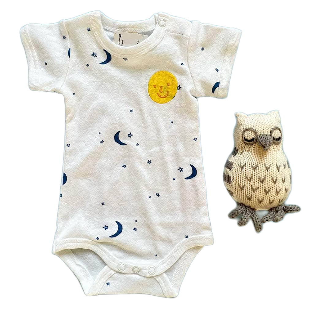 Embroidered Moon & Stars Baby Onesie + Owl Rattle Set by Estella - Sumiye Co
