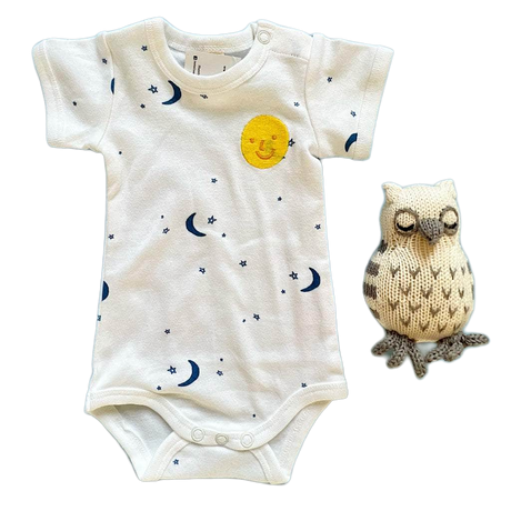 Embroidered Moon & Stars Baby Onesie + Owl Rattle Set by Estella - Sumiye Co