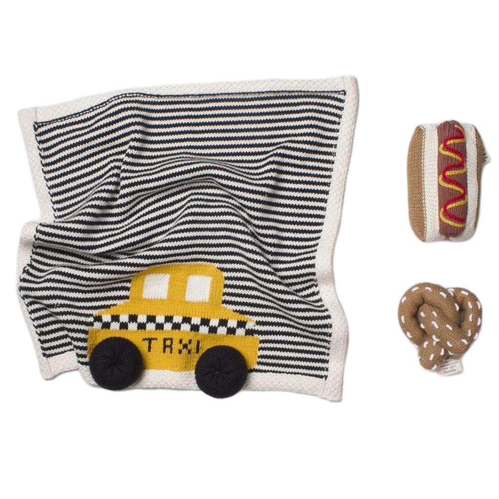 Organic Baby Gift Set - Newborn Security Blanket, Rattle Toys | NYC Taxi, Hot Dog & Pretzel by Estella - Sumiye Co