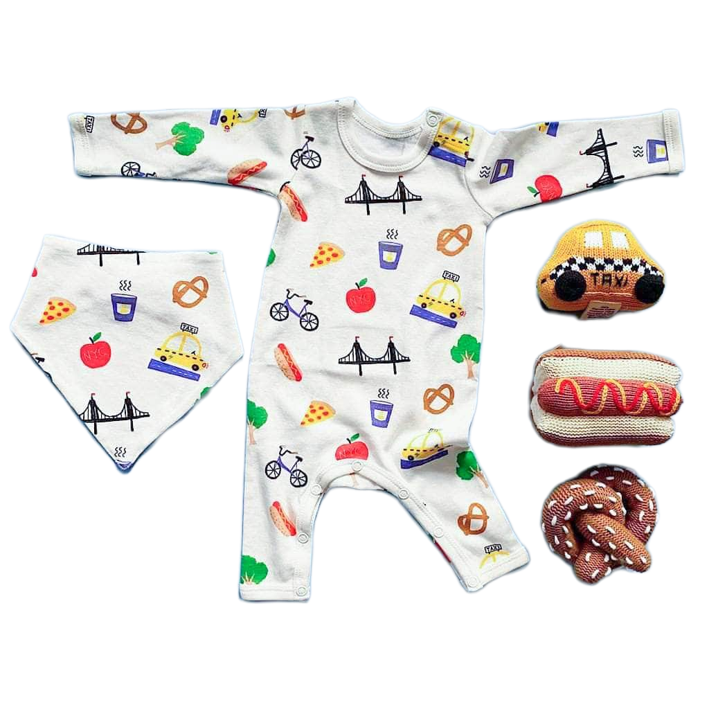 Baby Gift Set - New York Organic Onesie, Bib + Rattle Toys | Hot dog, Pretzel & Taxi by Estella - Sumiye Co