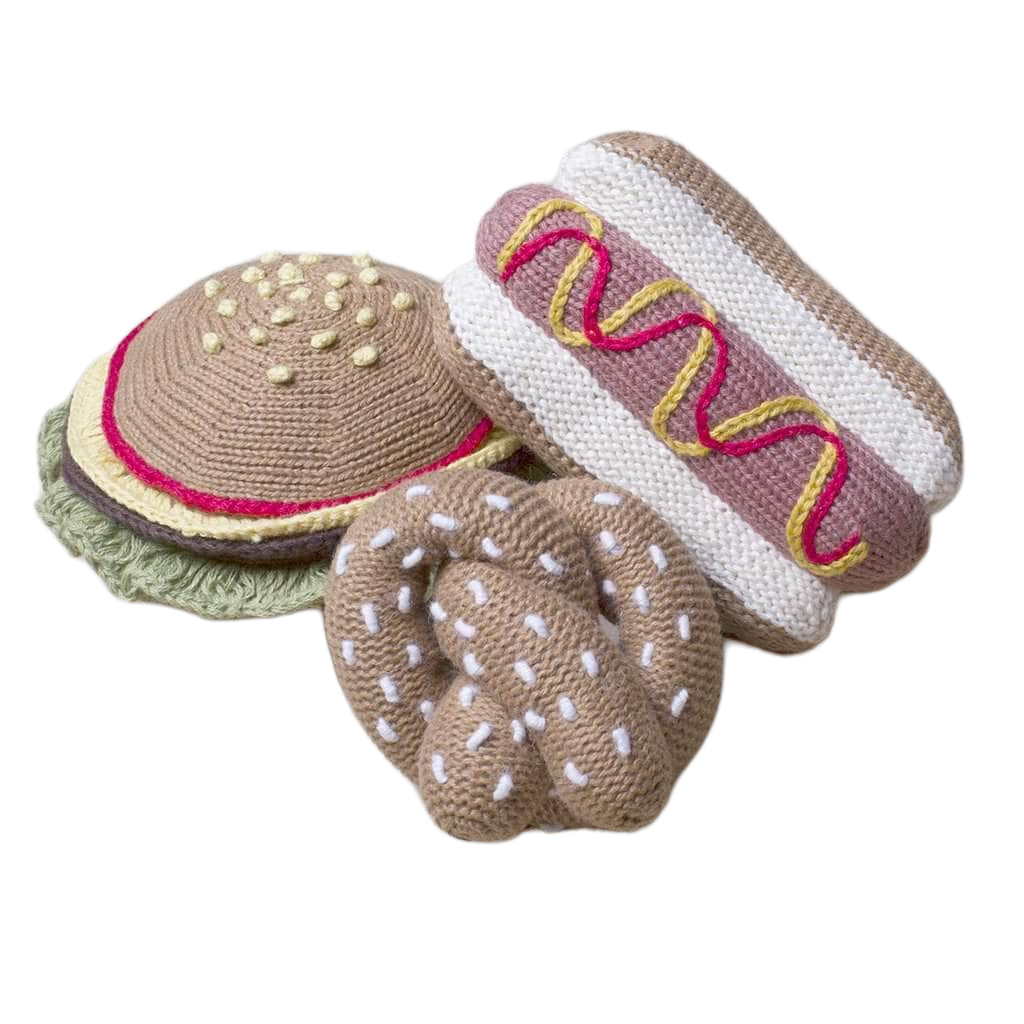 Organic Baby Gift Sets - Hand Knit Newborn Rattle Toys | Hotdog, Hamburger & Pretzel - Sumiye Co