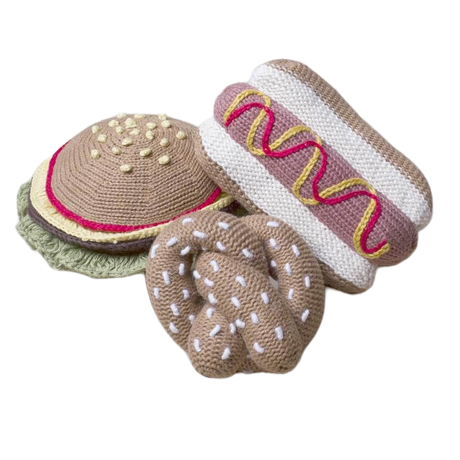 Organic Baby Gift Sets - Hand Knit Newborn Rattle Toys | Hotdog, Hamburger & Pretzel - Sumiye Co