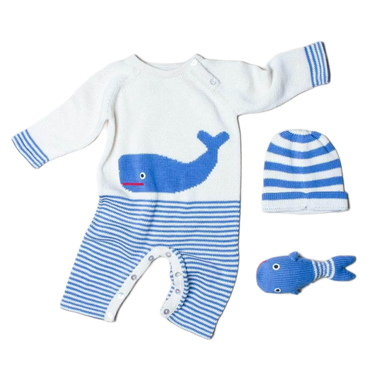 Organic Baby Gift Set - Handmade Newborn Long Romper, Hat & Rattle Toy | Whale - Sumiye Co