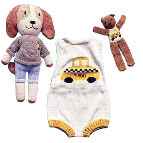 Organic Baby Gift Set-Knitted Taxi Newborn Romper, Taxi Dog, Taxi Bear - Sumiye Co