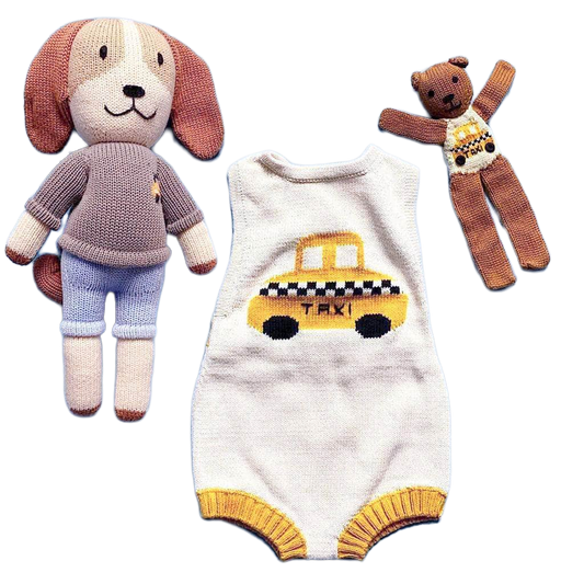 Organic Baby Gift Set-Knitted Taxi Newborn Romper, Taxi Dog, Taxi Bear - Sumiye Co
